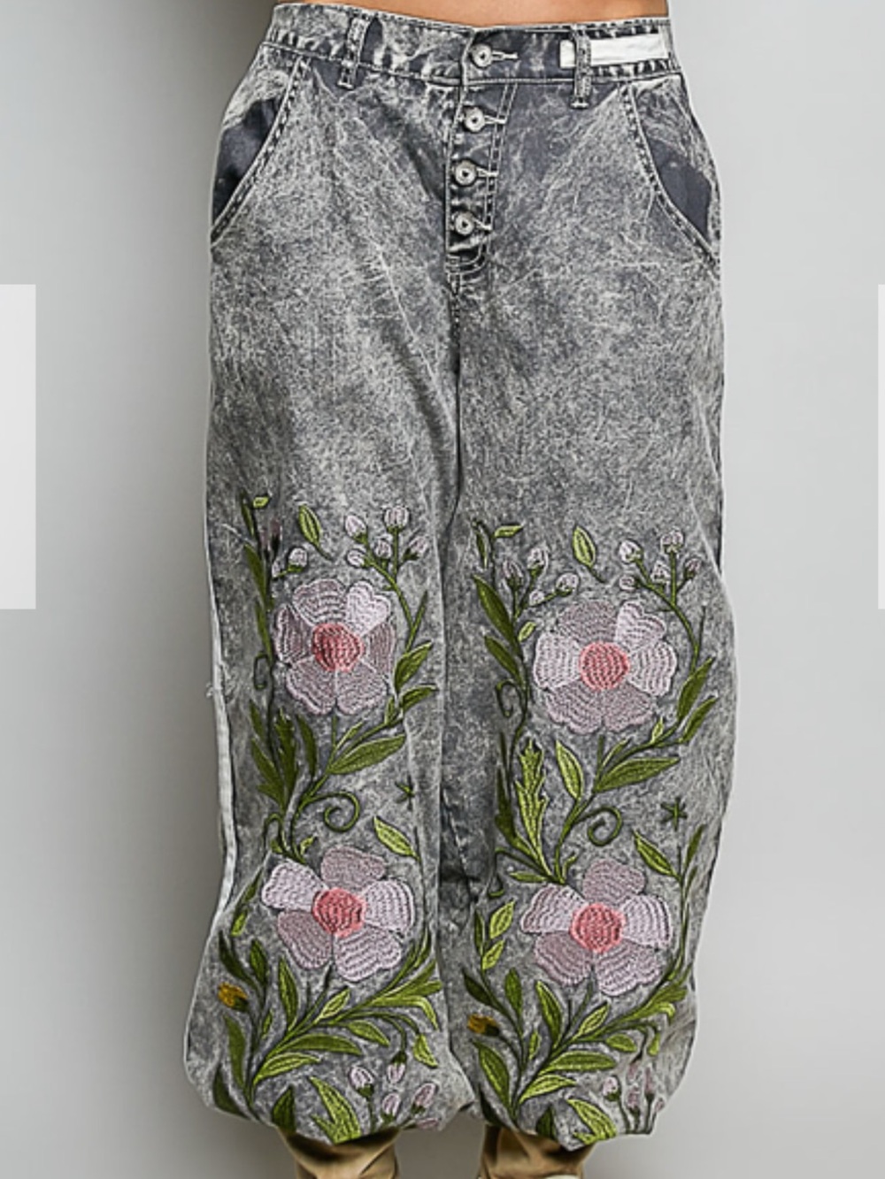 POL Gray Acid-Wash Jeans with Pink Floral Embroidery